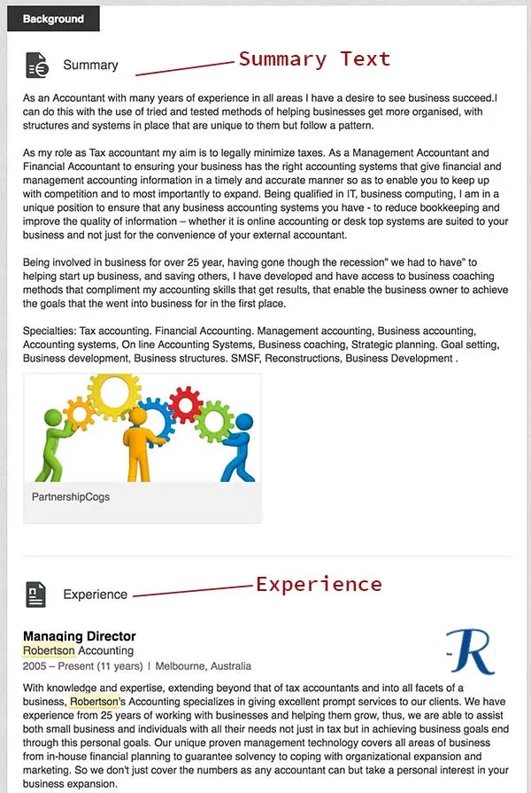Screenshot of a LinkedIn profile with a filled-in Summary section sitting just above the Experience section