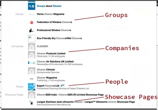 Screenshot of LinkedIn search results for "cleaner", with red labels marking Groups, Companies, People and Showcase Pages