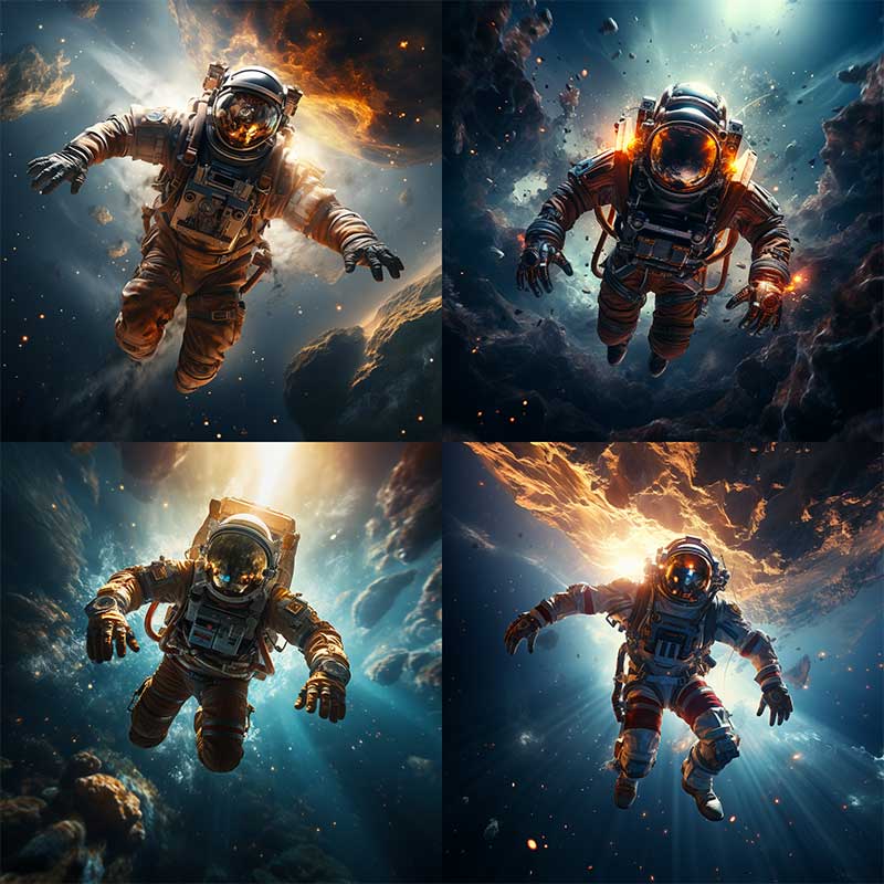 Four Midjourney results for the prompt "astronaut floating in space", each showing a photorealistic astronaut among glowing clouds and rocks