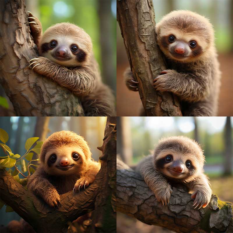 Four Midjourney images of a cute baby sloth clinging to a tree, generated from a single descriptive prompt
