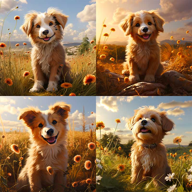 Four Midjourney results for the prompt "A cute puppy in a field photorealistic", each showing a fluffy puppy among orange flowers