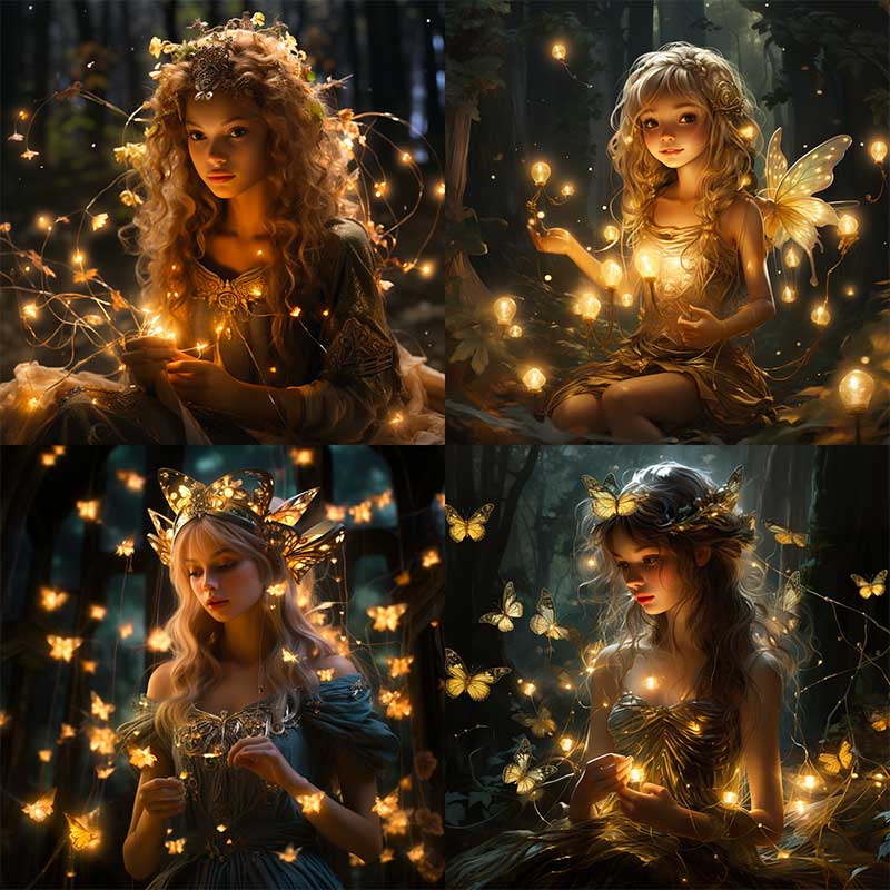 Four Midjourney images from the fairy princess prompt, each showing a glowing, butterfly-winged girl in a dark forest