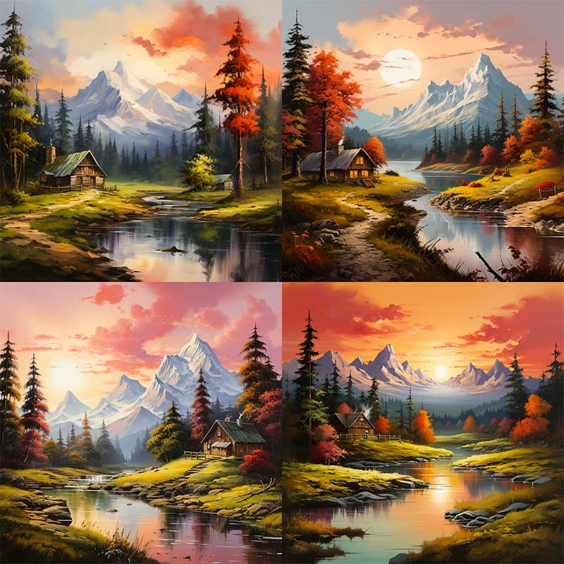 Four Midjourney paintings in a Bob Ross style, each showing a cabin by a lake with autumn trees and snowy mountains