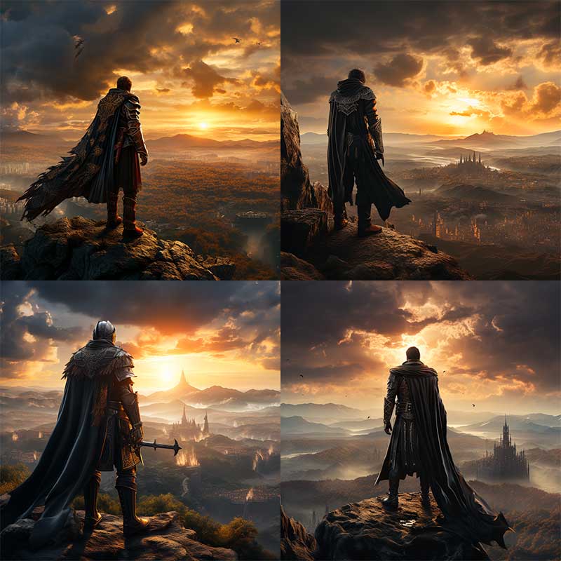 Four Midjourney images of a caped knight on a cliff overlooking a fantasy city at sunset, from the knight prompt