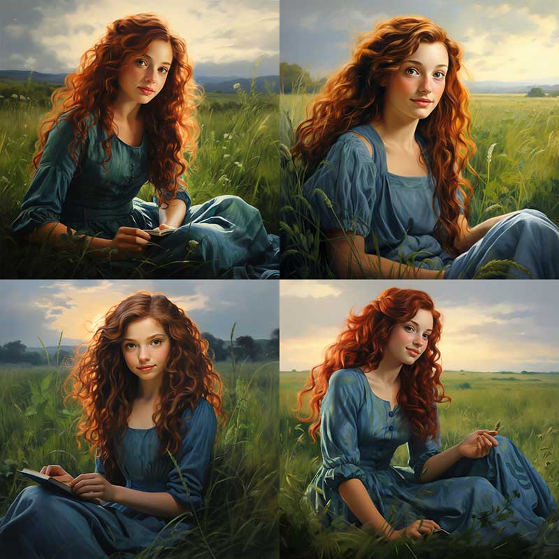 Four Midjourney oil-painting portraits of a red-haired girl in a blue dress sitting in a green meadow at sunset