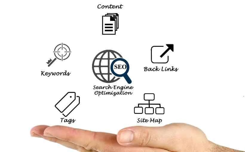 Open hand holding SEO diagram linking Content, Keywords, Back Links, Tags and Site Map around a globe and magnifying glass
