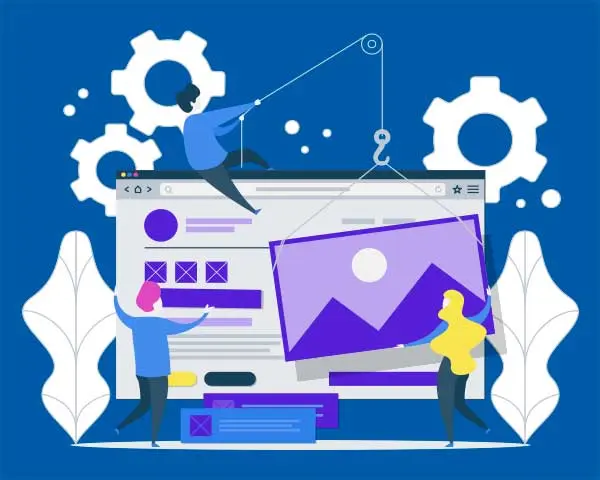 Illustration of three people assembling a web page, hoisting an image into place on a browser window surrounded by gears