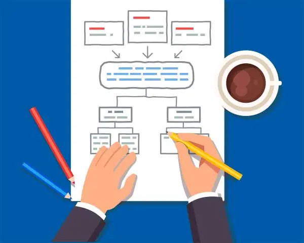 Illustration of hands sketching a website content flowchart on paper, with a coffee and pencils nearby