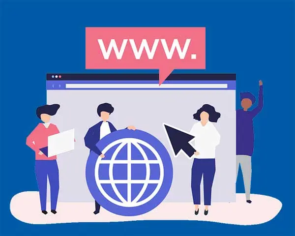 Illustration of four people around a browser window with a "www." speech bubble, globe icon and cursor, representing domain names