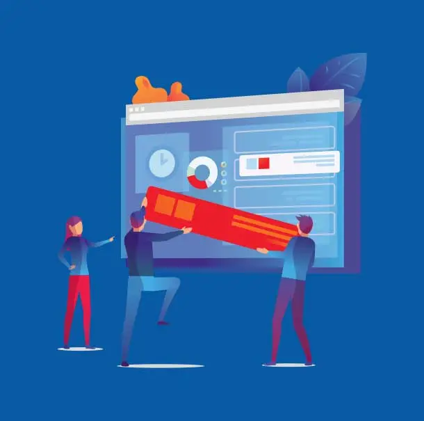 Illustration of three people carrying a red content block into a large browser window, representing building a website
