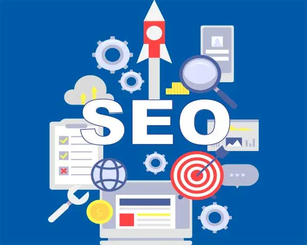 Illustration with "SEO" in large letters surrounded by a rocket, magnifying glass, target, cogs and a laptop