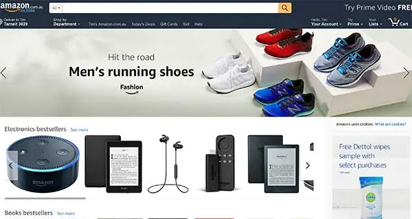 Amazon Australia homepage with a "Men's running shoes" banner above electronics bestsellers, as an ecommerce example