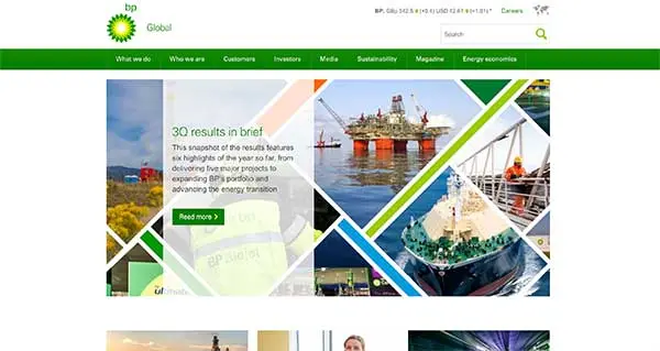 Screenshot of BP's Global homepage, with a green navigation bar and a banner of angled photos of oil rigs and ships promoting its 3Q results