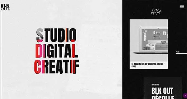Website homepage for BLK OUT, a creative digital studio, with bold "STUDIO DIGITAL CREATIF" text beside a dark news panel