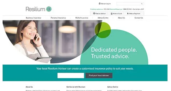 Screenshot of the Resilium insurance homepage with a smiling woman on the phone and the headline "Dedicated people. Trusted advice."