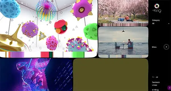 Portfolio website for +Ring with a grid of bold, colourful video tiles and a minimal side menu