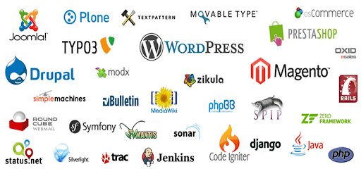Collage of website platform and framework logos, including WordPress, Joomla, Drupal, Magento and PrestaShop