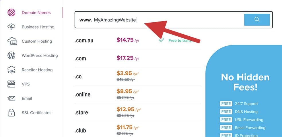 Screenshot of VentraIP's domain search with MyAmazingWebsite typed in, and a list of domain endings with prices