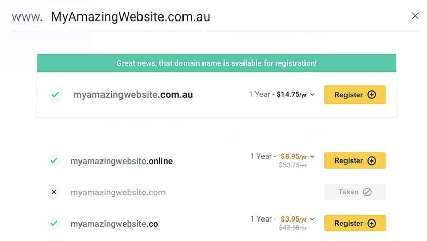 Screenshot of a domain search for MyAmazingWebsite showing the .com.au available at $14.75/yr and the .com already taken