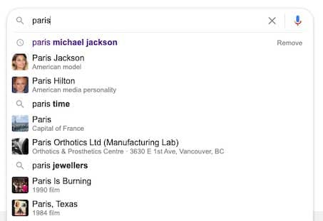Google search box with "paris" typed in, showing suggestions for Paris Jackson, Paris Hilton, Paris France, Paris Is Burning and Paris, Texas