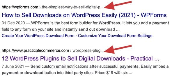 Google results comparing URLs: short wpforms.com shows more of the page path than the longer practicalecommerce.com