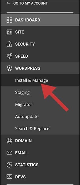 Screenshot of SiteGround's SiteTools menu with a red arrow pointing to "Install & Manage" under the WordPress options