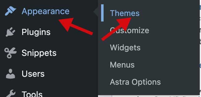 Screenshot of the WordPress left-hand menu with red arrows pointing to Appearance and its Themes submenu option