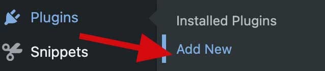 Screenshot of the WordPress Plugins menu with a red arrow pointing to "Add New" beneath "Installed Plugins"