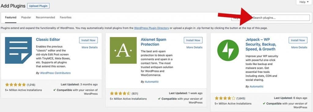 Screenshot of the WordPress Add Plugins page with a red arrow pointing to the search box where you type Ninja Forms