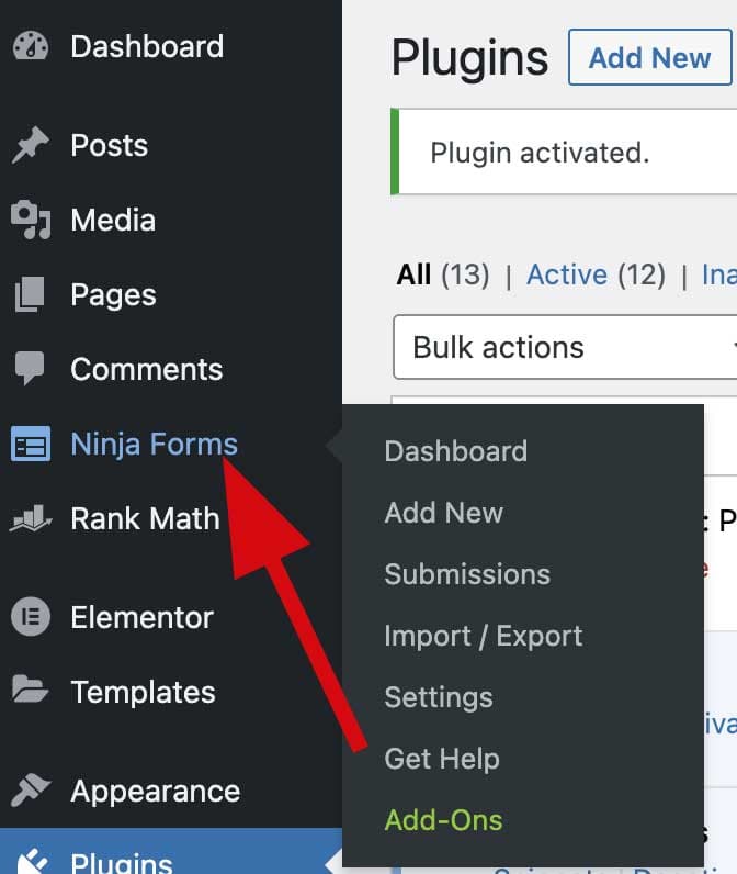 Screenshot of the WordPress menu with a red arrow pointing to the new Ninja Forms item after plugin activation