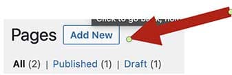 Screenshot of the WordPress Pages screen with a red arrow pointing to the "Add New" button beside the Pages heading