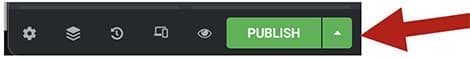 Screenshot of Elementor's bottom toolbar with a red arrow pointing to the green "Publish" button