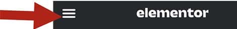 Screenshot of the Elementor editor's top bar with a red arrow pointing to the hamburger menu icon at top left