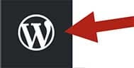 Red arrow pointing to the white WordPress logo in the top left corner of the screen