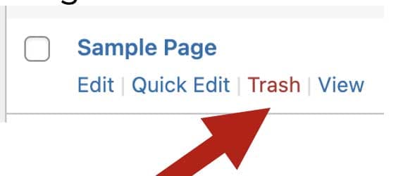 Screenshot of the WordPress Pages list with a red arrow pointing to the "Trash" link under "Sample Page"