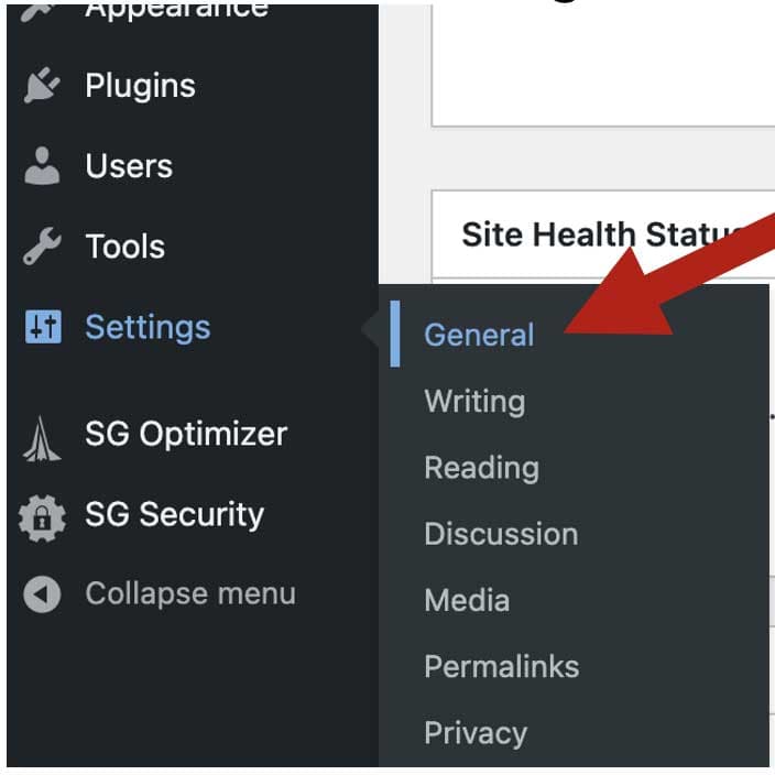 Screenshot of the WordPress dashboard menu with a red arrow pointing to "General" under the Settings submenu