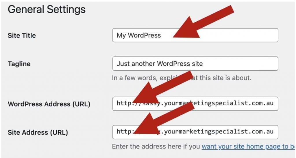 Screenshot of WordPress General Settings with red arrows pointing to the Site Title, WordPress Address and Site Address fields