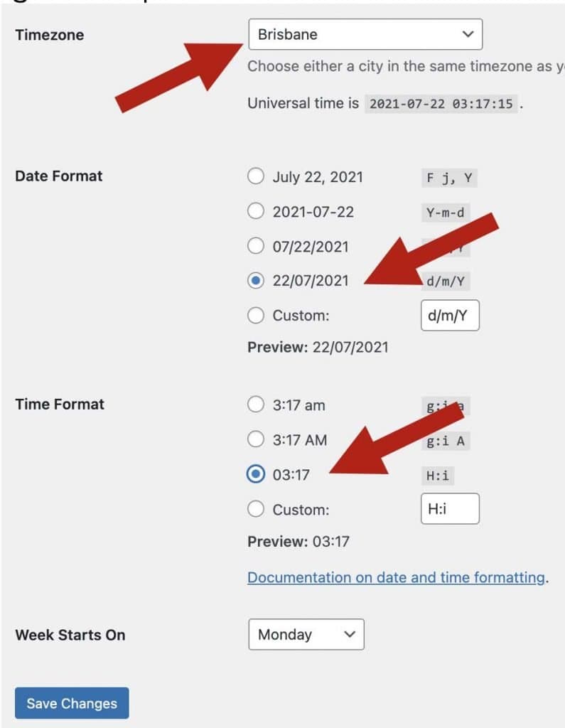 Screenshot of WordPress general settings with arrows pointing to Brisbane timezone, d/m/Y date format and 24-hour time format