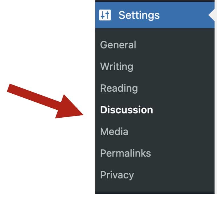 Screenshot of the WordPress Settings menu with a red arrow pointing to the highlighted "Discussion" option