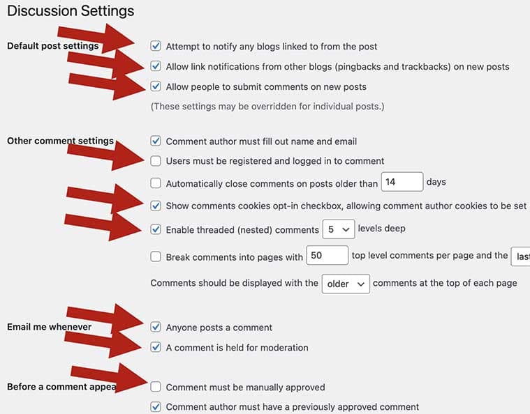 Screenshot of the WordPress Discussion Settings page with red arrows marking the comment options to tick or untick