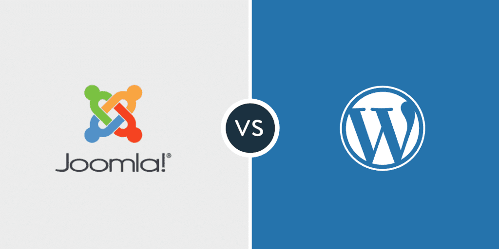 Joomla and WordPress logos side by side with a "VS" badge between them, comparing the two website platforms
