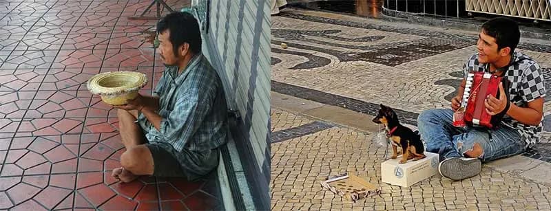 Two street buskers compared: a man holding out a straw hat on the left, a smiling man playing accordion beside a small dog on the right