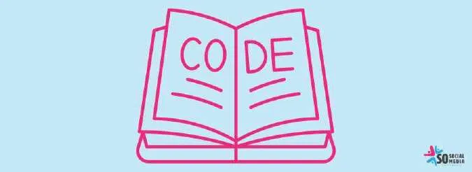 Pink line drawing of an open book with "CODE" across its pages, representing a brand's guiding values