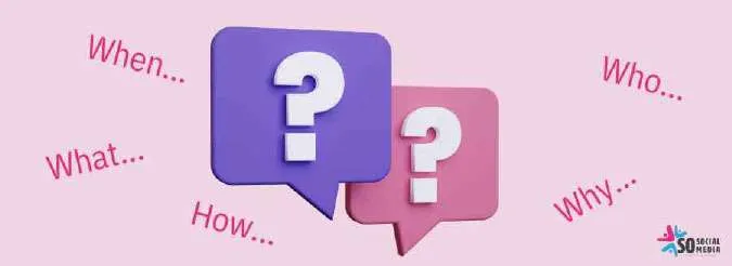 Purple and pink speech bubbles with question marks, surrounded by the open-ended question starters When, What, How, Why and Who