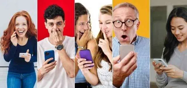 Collage of five people grinning, gasping and laughing at their phones, showing how a good story grabs attention