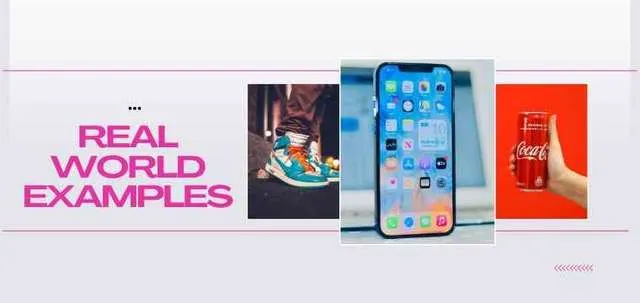 Banner reading "Real World Examples" beside a colourful sneaker, a smartphone home screen and a hand holding a Coca-Cola can
