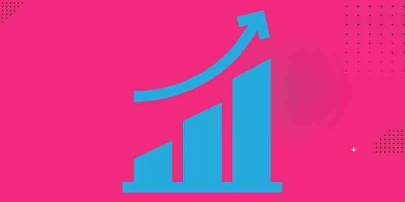 Blue bar graph with a rising arrow on a pink background, showing the growth that comes from using hashtags