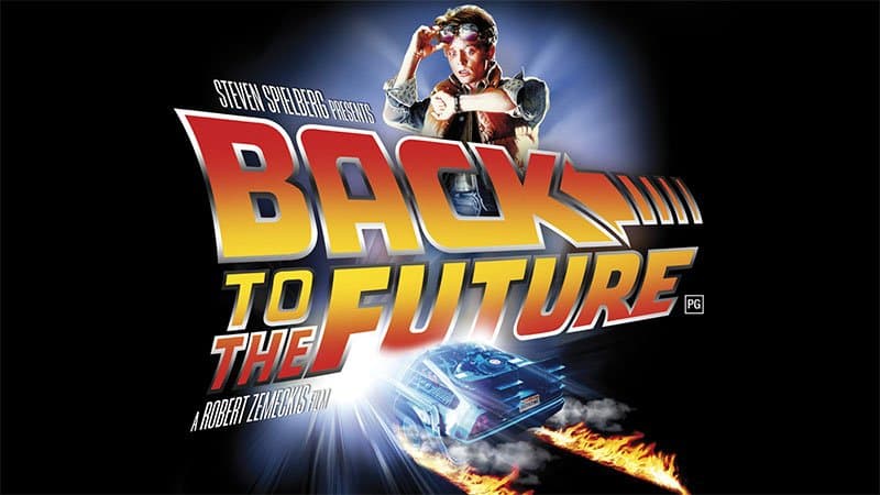 Back to the Future film poster showing a man checking his watch above the logo and a flaming DeLorean time machine