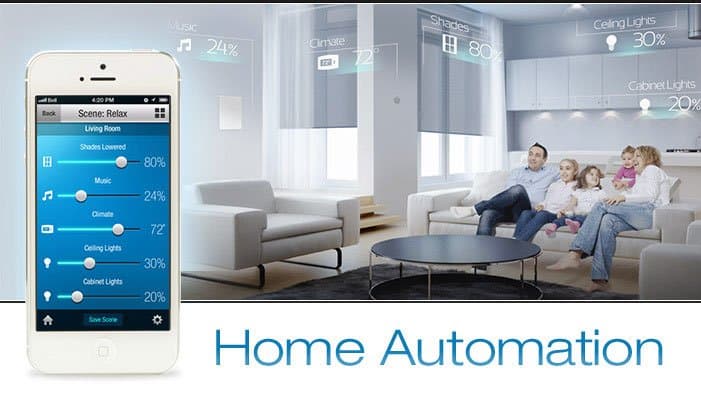 Smartphone app with a "Relax" scene setting shades, music, climate and lights while a family relaxes in a living room