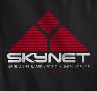 Skynet logo, a red striped pyramid above the tagline "Neural Net-Based Artificial Intelligence", from the Terminator films